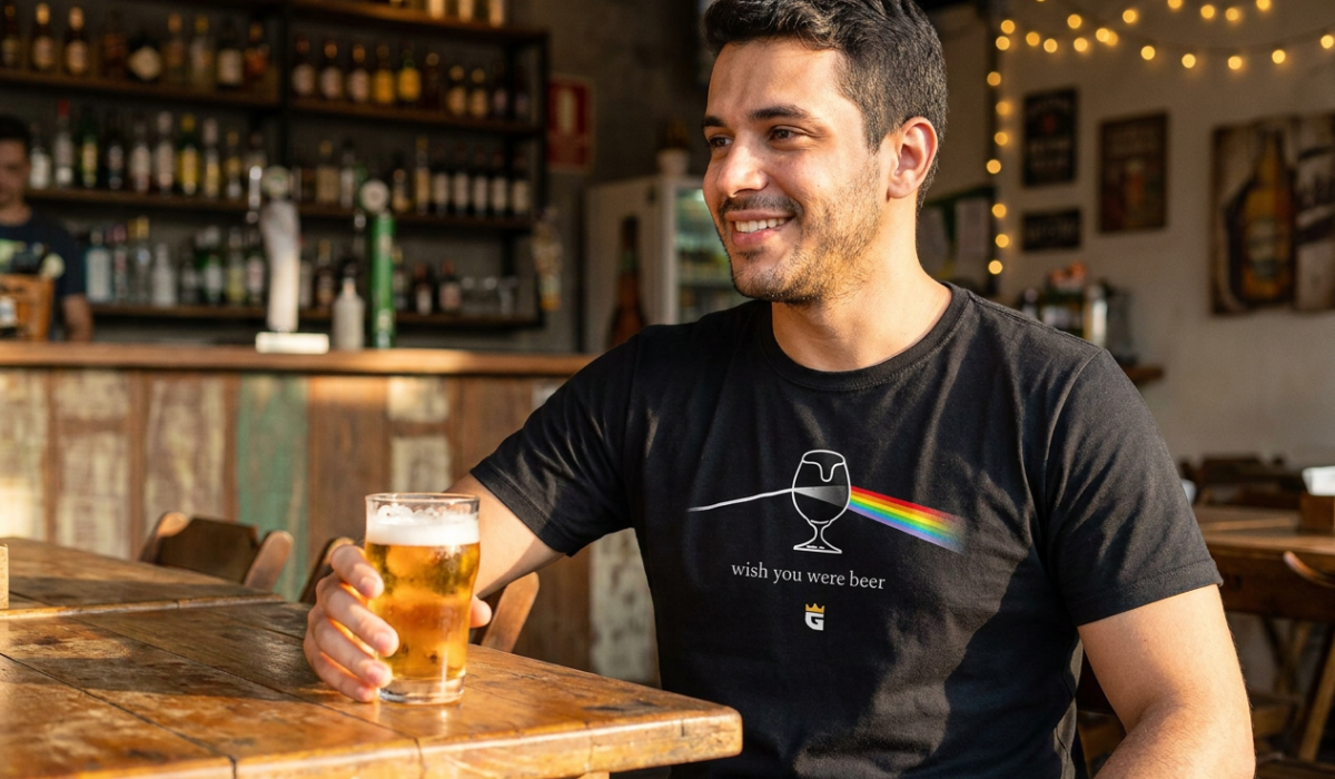 Homem em um boteco usando a camiseta Wish You Were Beer da Da Galera, segurando um chopp